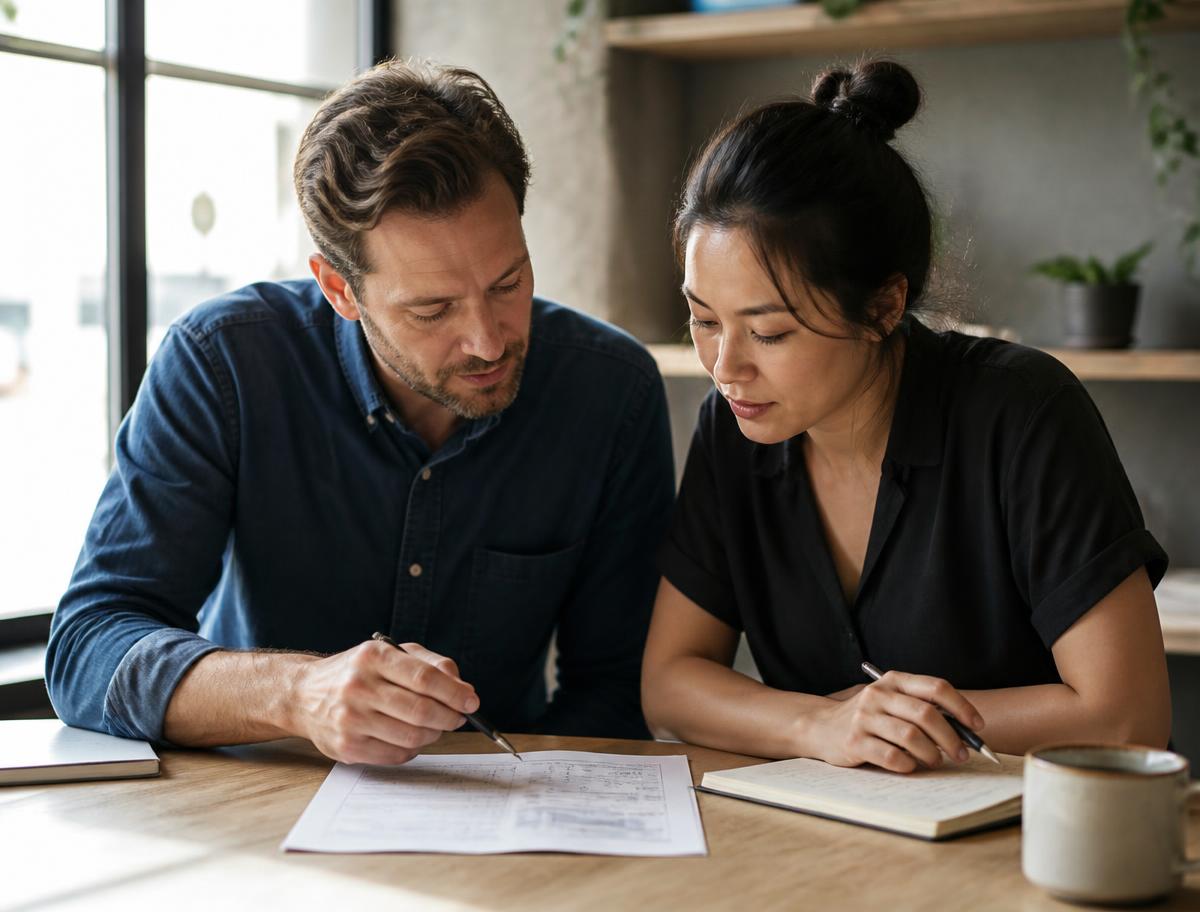 Deux personnes échangeant autour d'un document de travail